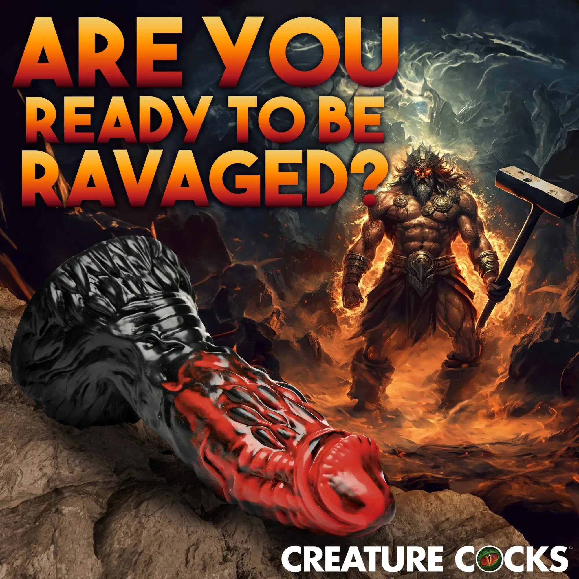 Creature Cocks Vulcan silicone dildo: a textured black and red fantasy-style dildo with a flared base on rocky ground.