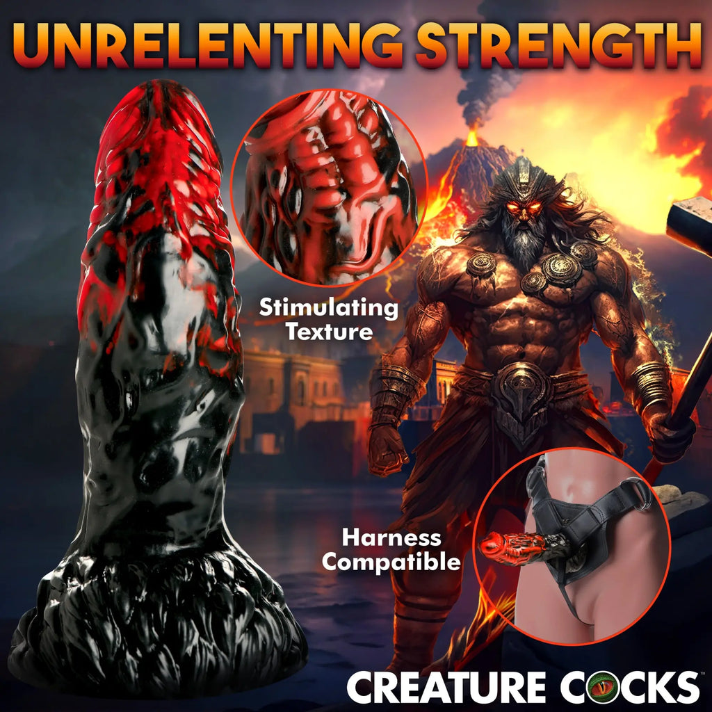 Creature Cocks Vulcan silicone dildo: black and red lava-textured design, shown with stimulating detail and in a harness.