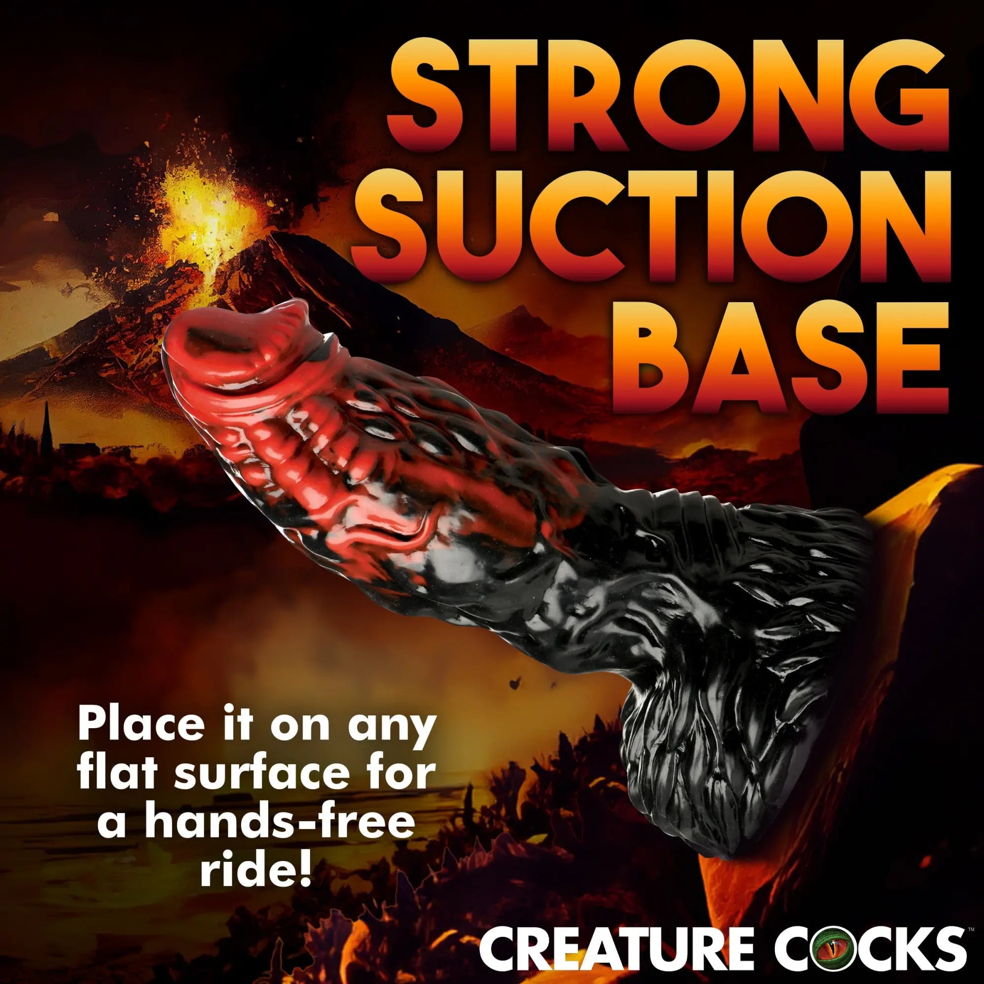 Creature Cocks Vulcan silicone dildo with black and red textured design against a volcano backdrop with suction base text.