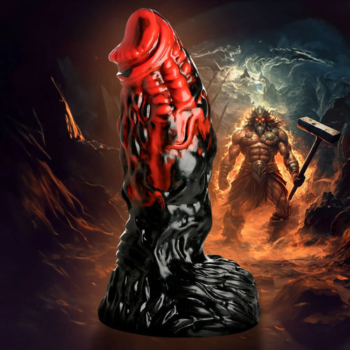 Creature Cocks Vulcan silicone dildo: a red and black textured fantasy-style dildo before a fiery, muscled warrior figure.