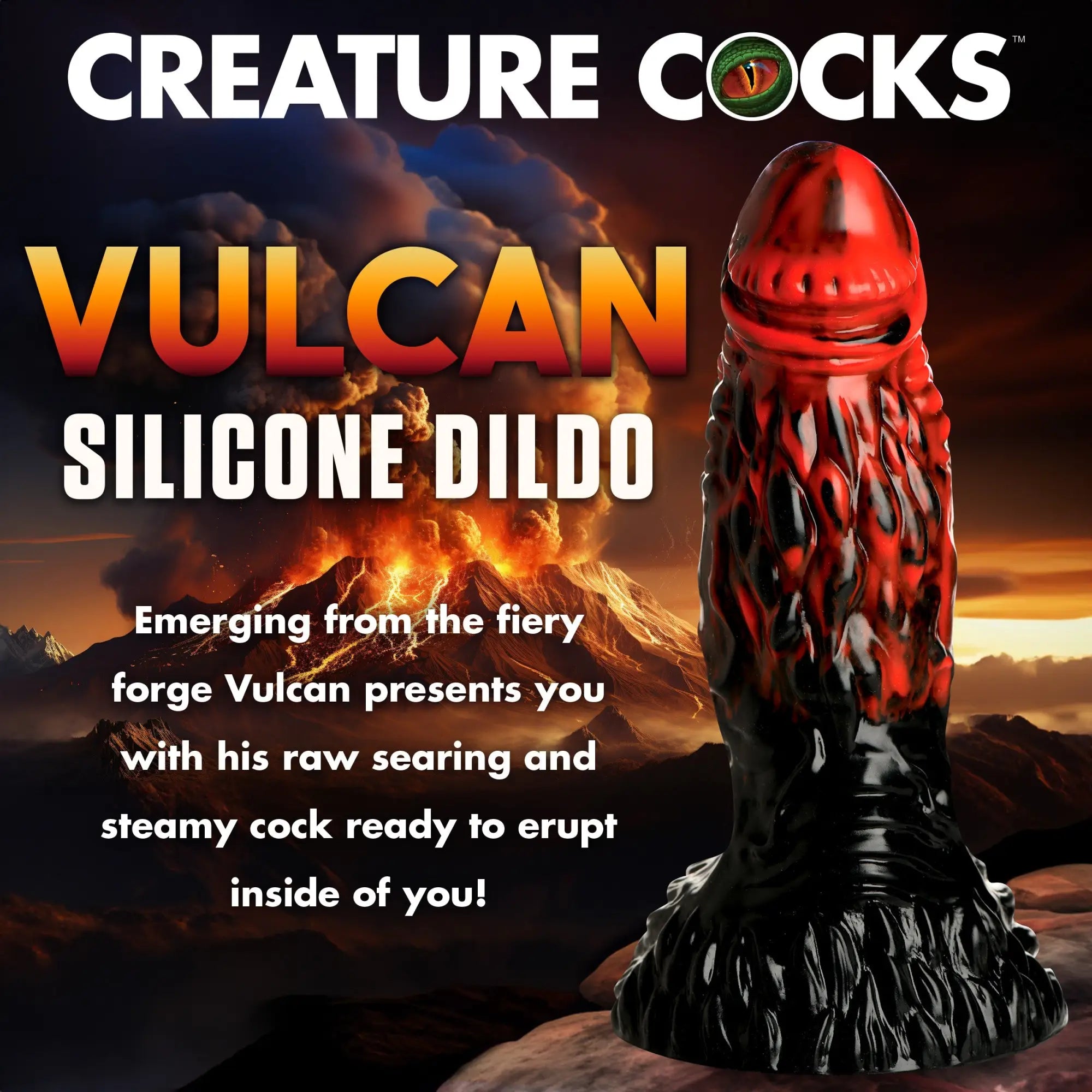 Creature Cocks Vulcan dildo: A textured, red and black silicone phallic toy against a dramatic volcanic background.