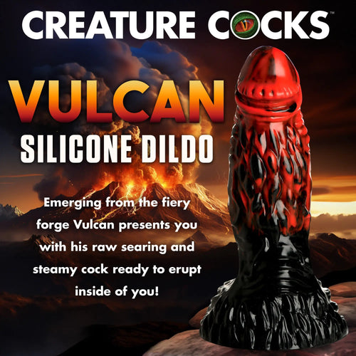 Creature Cocks Vulcan dildo: A textured, red and black silicone phallic toy against a dramatic volcanic background.