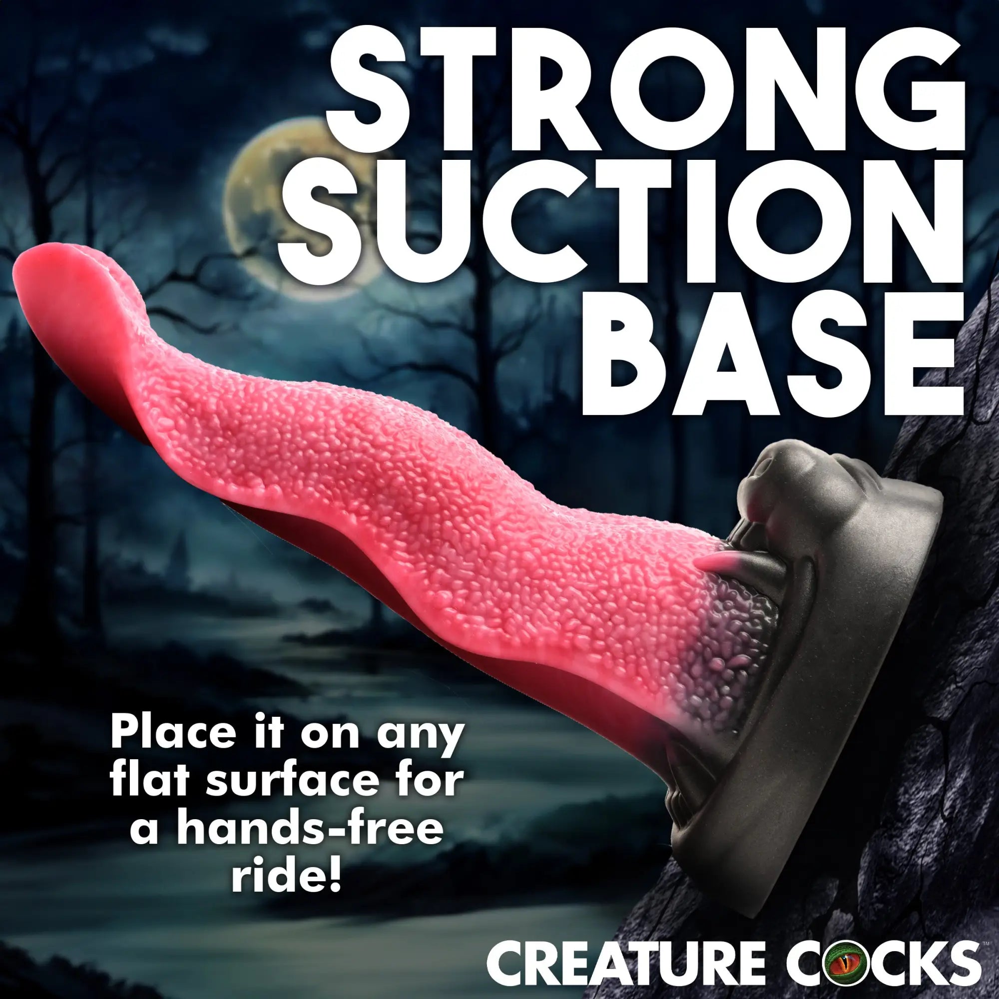 Creature Cocks Wolf’s Lick dildo featuring a textured pink tongue attached to a black suction cup base.