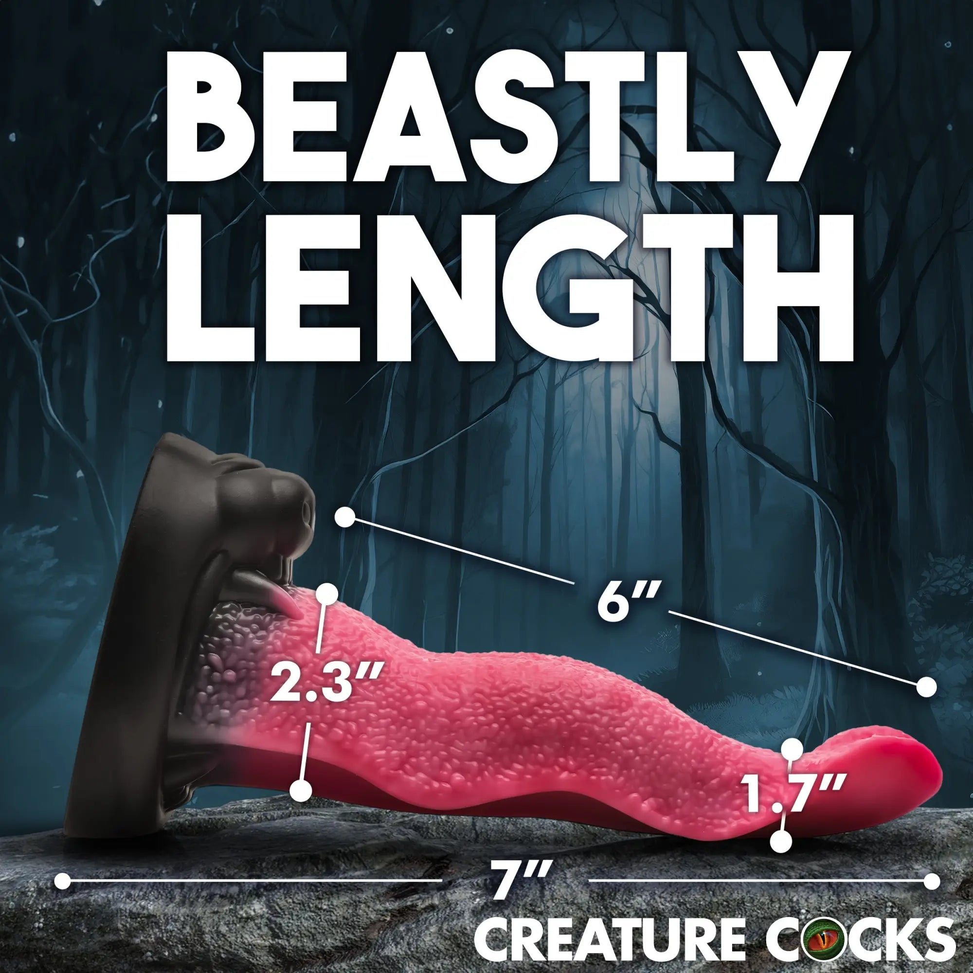 Creature Cocks Wolf's Lick silicone dildo, a textured, pink wolf-tongue style toy on a black base with size specs.