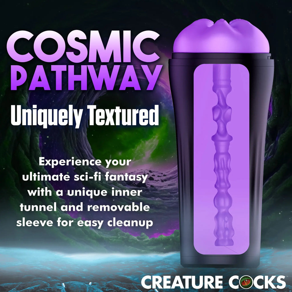 Creature Cocks Wormhole Alien stroker features a black canister with a textured purple inner sleeve against a space theme.
