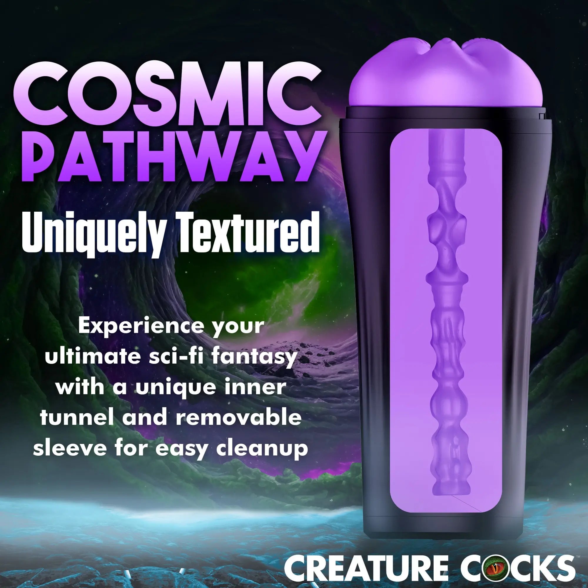 Creature Cocks Wormhole Alien stroker features a black canister with a textured purple inner sleeve against a space theme.
