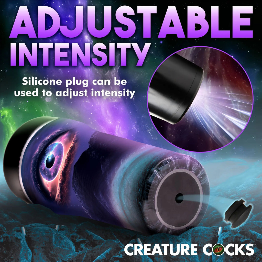 Creature Cocks Wormhole Alien stroker features a purple galaxy print, a central eye design, and a removable air plug.