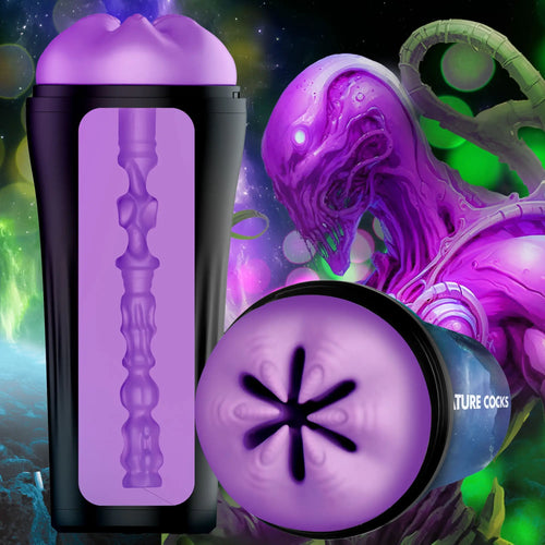 Creature Cocks Wormhole Alien stroker features a black casing and purple textured interior against a space background.