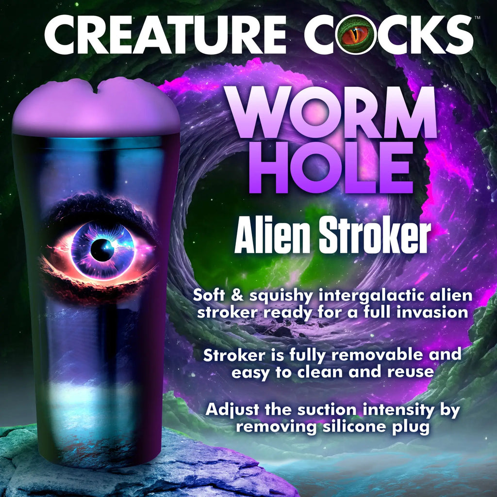 Creature Cocks Wormhole Alien Stroker: A purple-capped, cosmic-themed cylindrical stroker with an eye graphic.