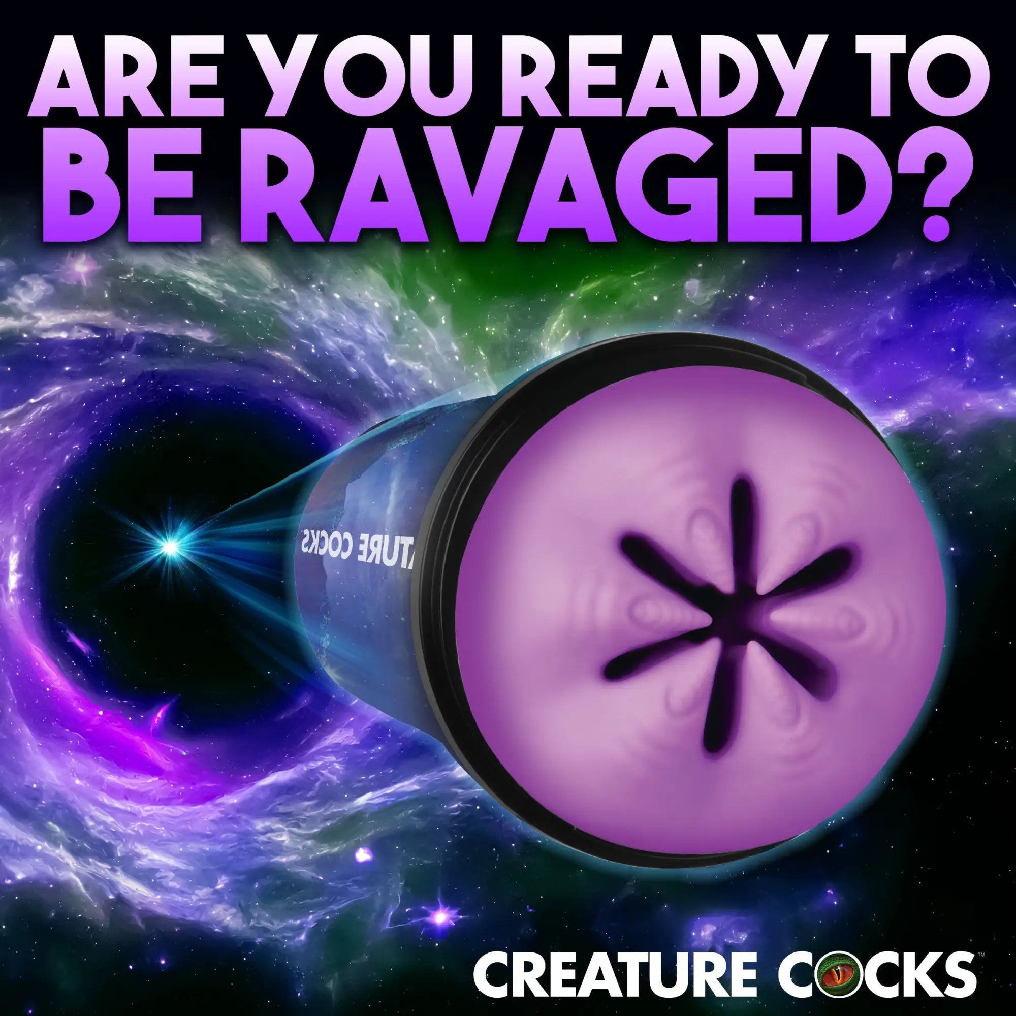 Creature Cocks Wormhole Alien stroker featuring a purple textured sleeve against a space and galaxy background.