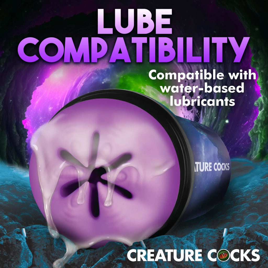 Creature Cocks Wormhole Alien stroker features a textured purple internal sleeve with a star-shaped opening and lubricant.