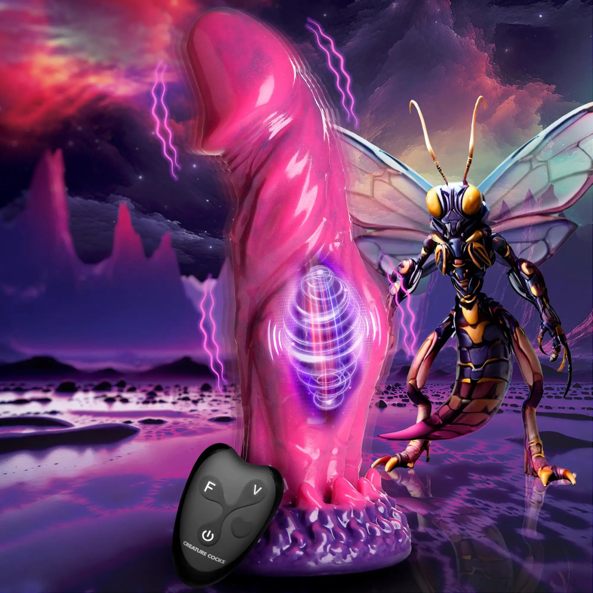 Creature Cocks Xenox vibrating silicone dildo in pink with remote, set against an alien landscape with an insect creature.