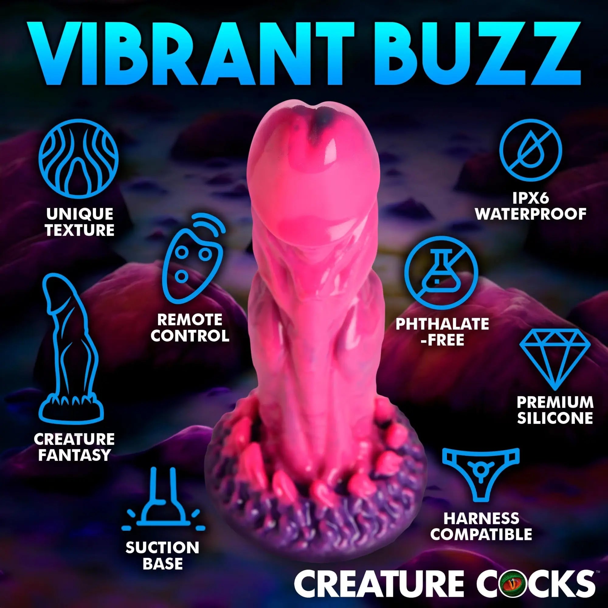 Creature Cocks Xenox, a pink and purple fantasy-style vibrating silicone dildo with a suction base and remote control.