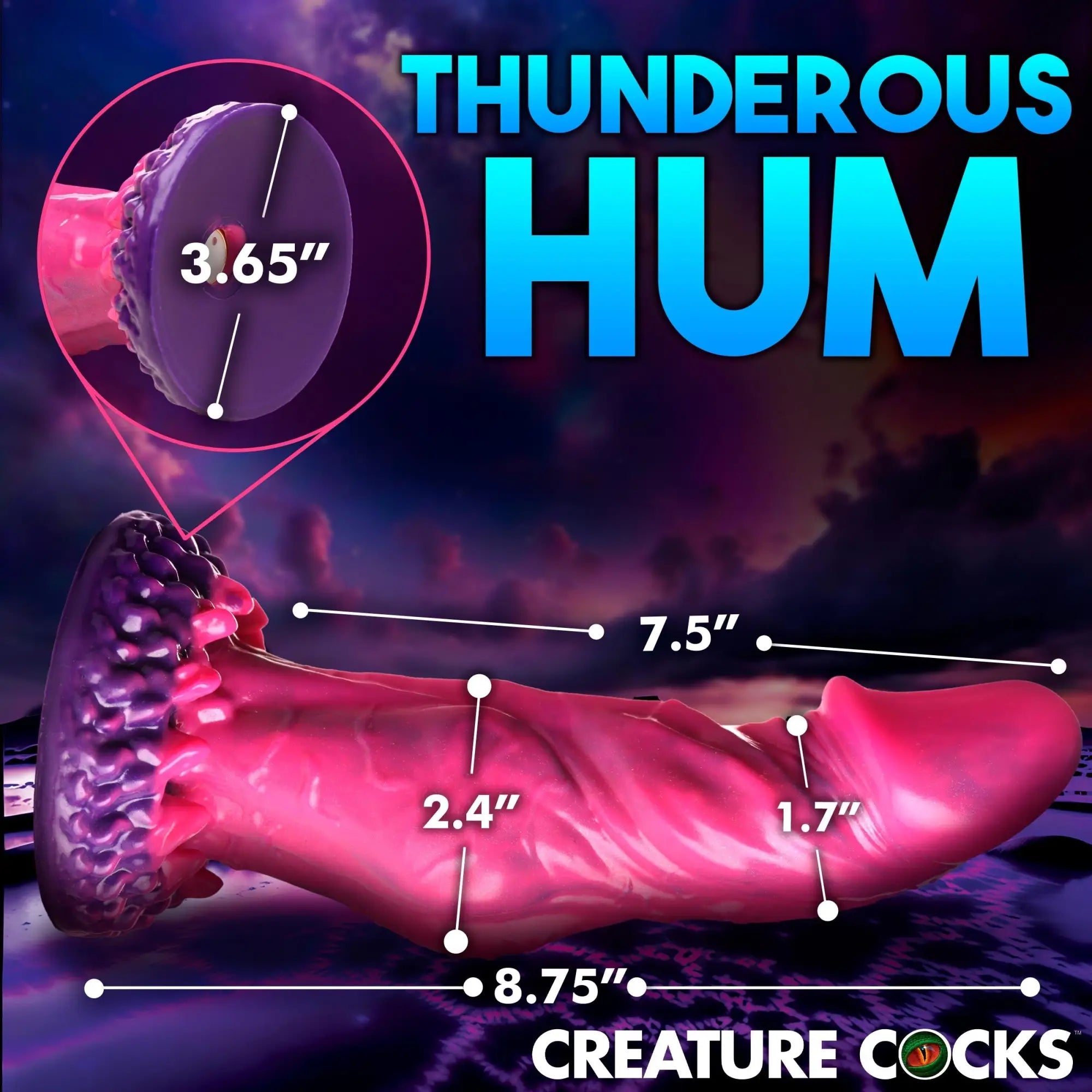 Creature Cocks Xenox pink and purple textured silicone dildo with labeled dimensions against a dark, cosmic background.