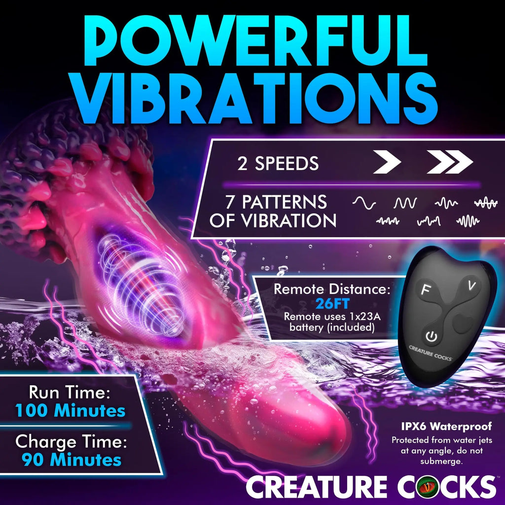 Creature Cocks Xenox pink silicone textured dildo with black remote, featuring vibration stats on a dark purple background.