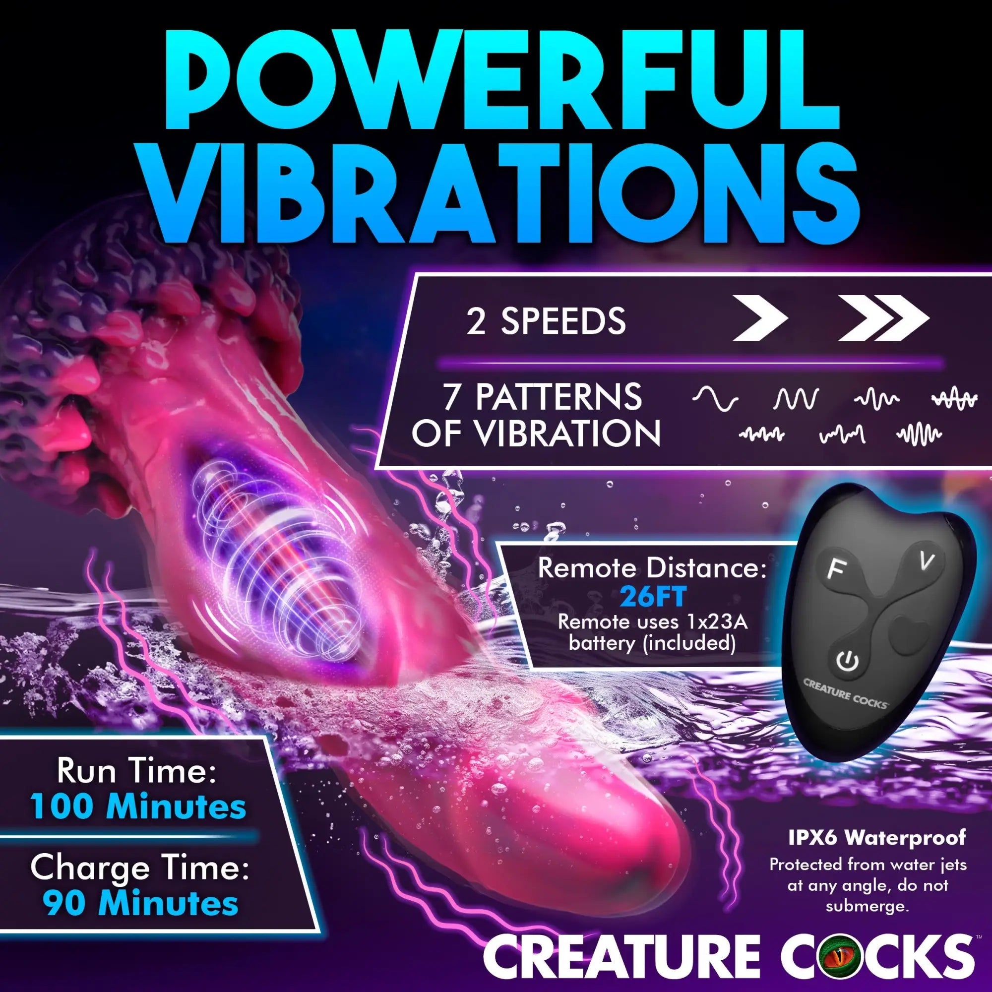 Creature Cocks Xenox pink silicone textured dildo with black remote, featuring vibration stats on a dark purple background.