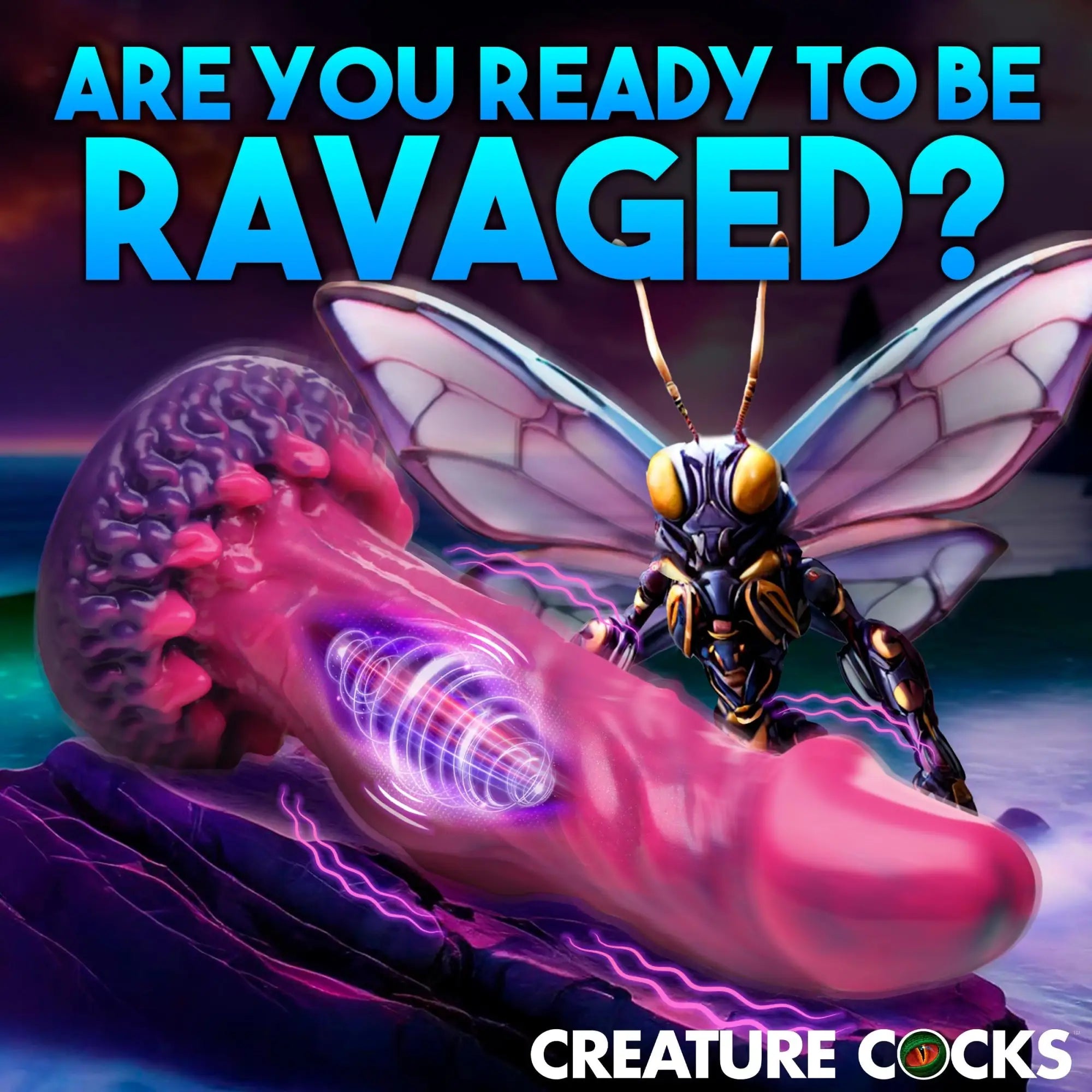 Creature Cocks Xenox pink silicone dildo with textured head and glowing vibration effects, styled in a sci-fi landscape.