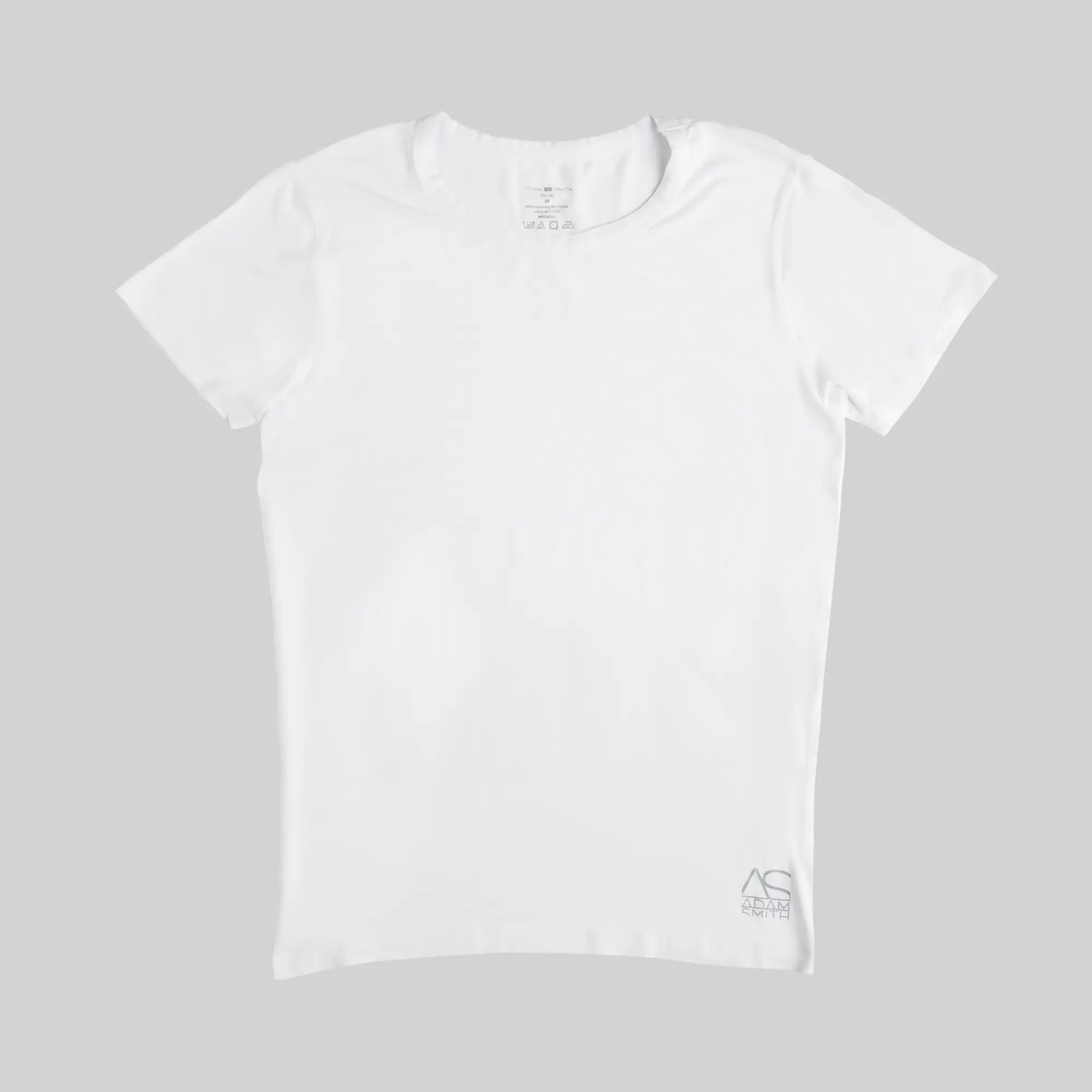 White crew neck short-sleeved t-shirt with a subtle logo embroidered on the lower right corner made from soft cotton