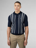 Navy blue crinkle cotton stripe polo shirt with white vertical stripes and small embroidered chest logo