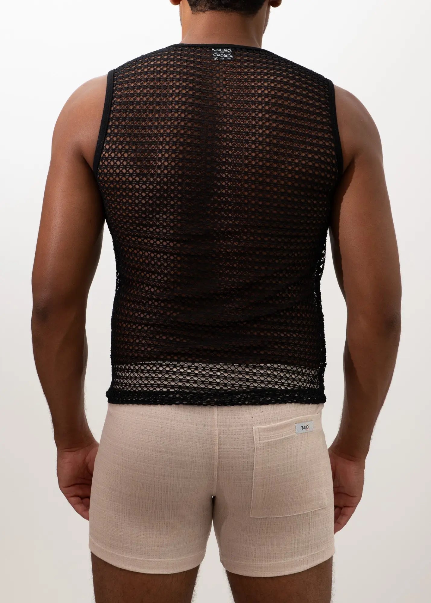 Black crochet muscle tank top with fitted breathable mesh design perfect for casual and athletic wear