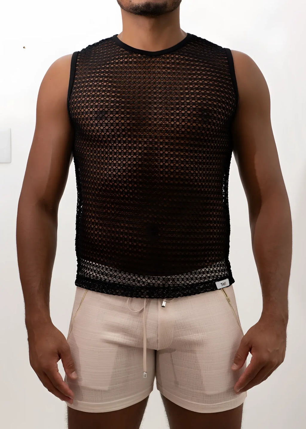 Black crochet muscle tank top sleeveless with round neckline elasticated hem breathable mesh fabric