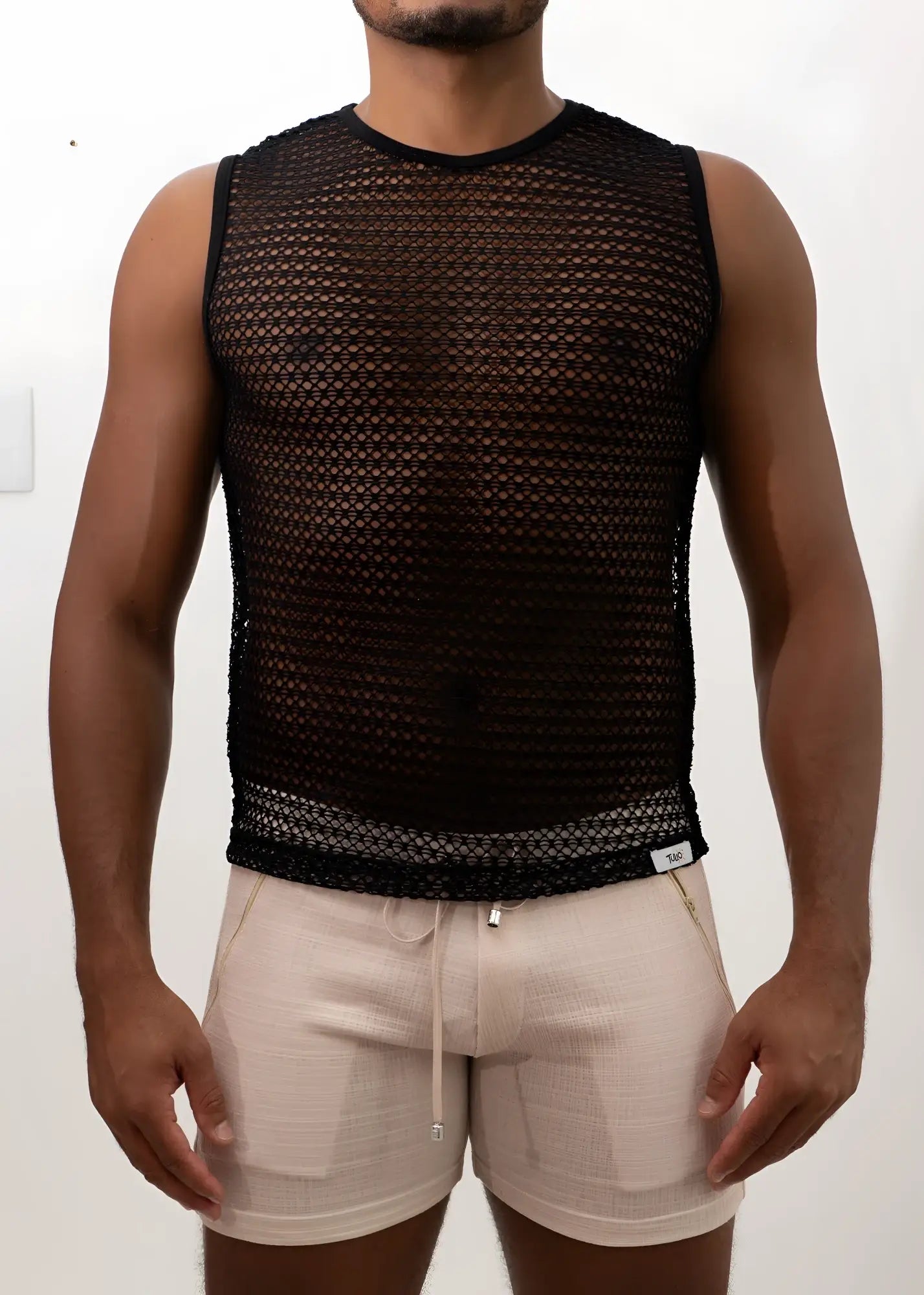 Black crochet muscle tank top sleeveless with round neckline elasticated hem breathable mesh fabric