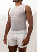 White crochet muscle tank top with sleeveless design mesh fabric and round neckline for casual wear