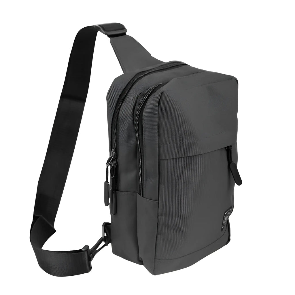 Black nylon crossbody canvas sling bag with multiple zippered compartments and adjustable strap for easy carrying