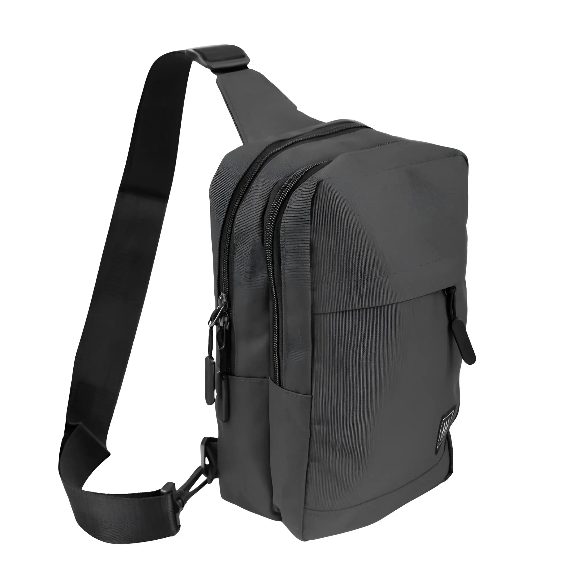 Black nylon crossbody canvas sling bag with multiple zippered compartments and adjustable strap for easy carrying