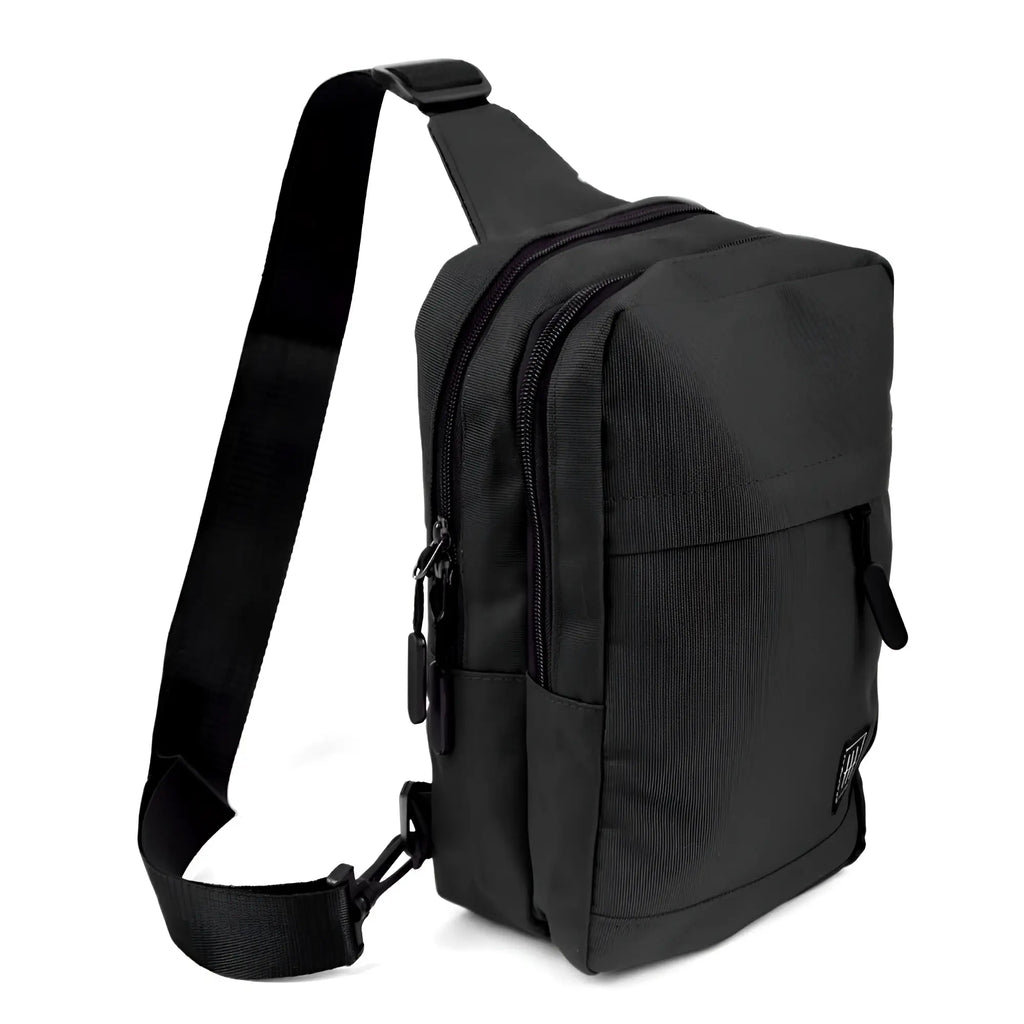 Black crossbody canvas sling bag with durable fabric and multiple zippered compartments for tactical use