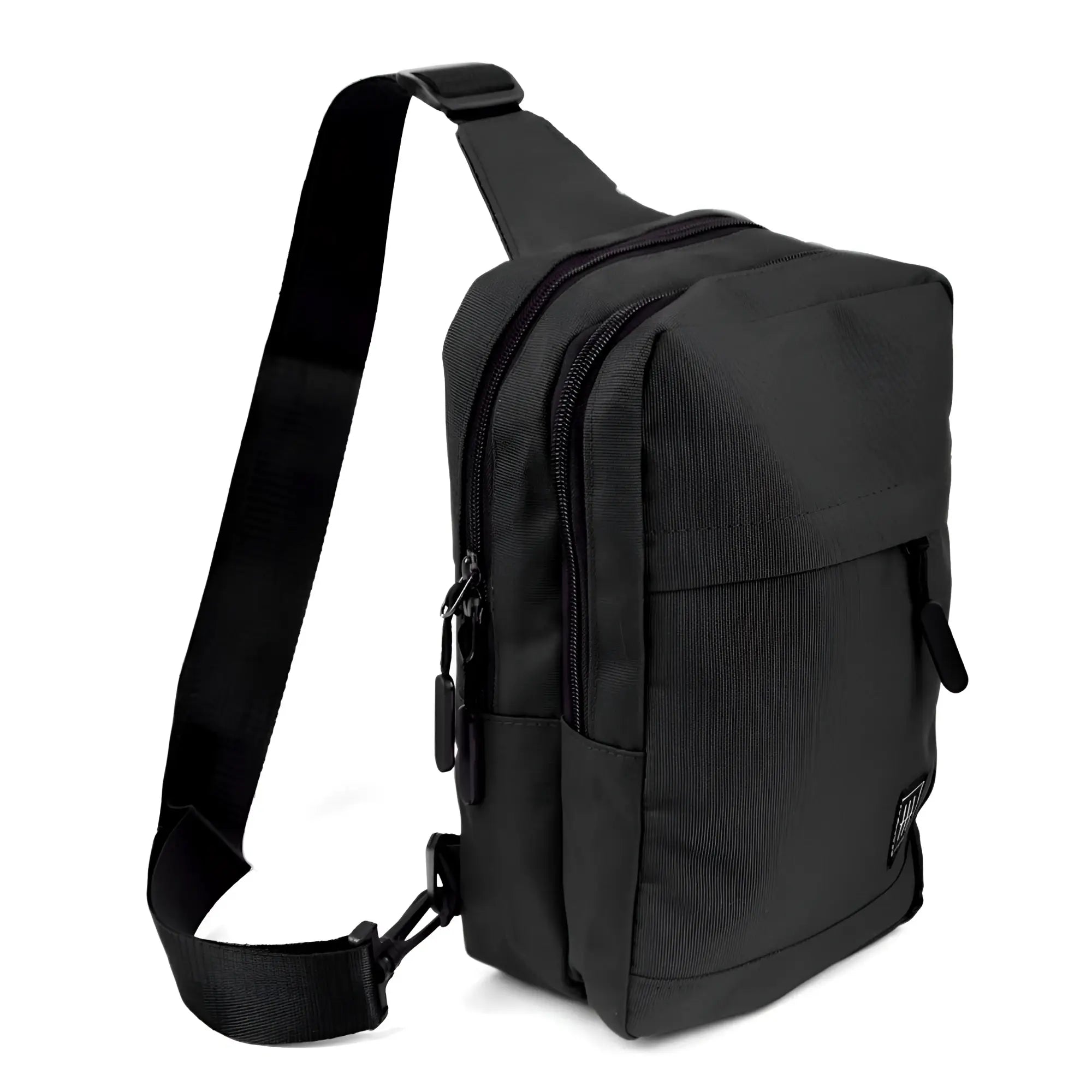 Black crossbody canvas sling bag with durable fabric and multiple zippered compartments for tactical use