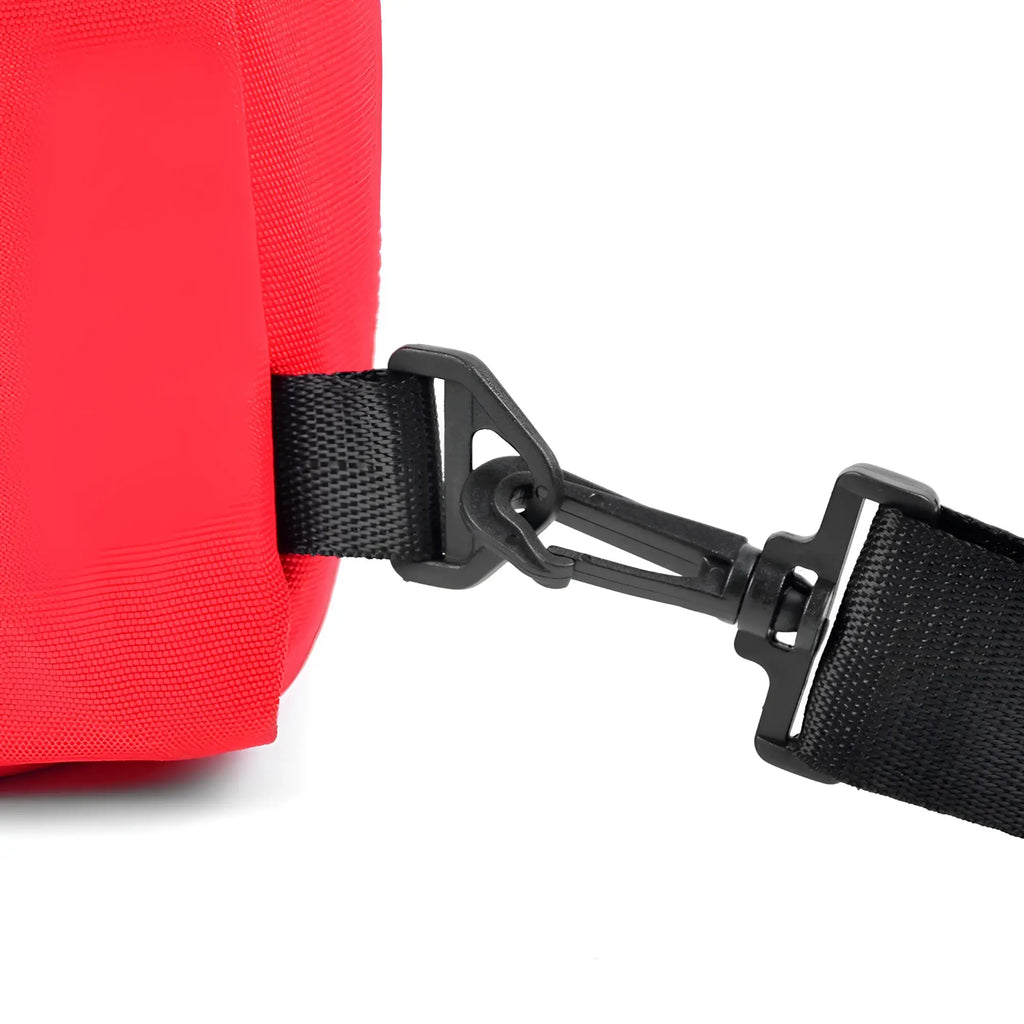 Red crossbody canvas sling bag with black webbing strap and plastic buckle for versatile daily use