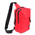 Red nylon crossbody canvas sling bag with black zippers and adjustable black strap for everyday use