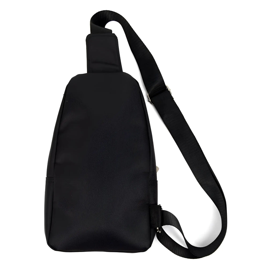 Black nylon crossbody sling bag with adjustable strap and zippered closure for secure hands-free carrying