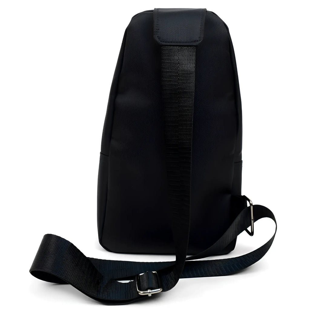 Black nylon crossbody sling bag with adjustable strap and metal buckle for hands free carrying