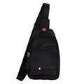 Black nylon crossbody sling bag with red and white logo patch on the front for hands free carrying