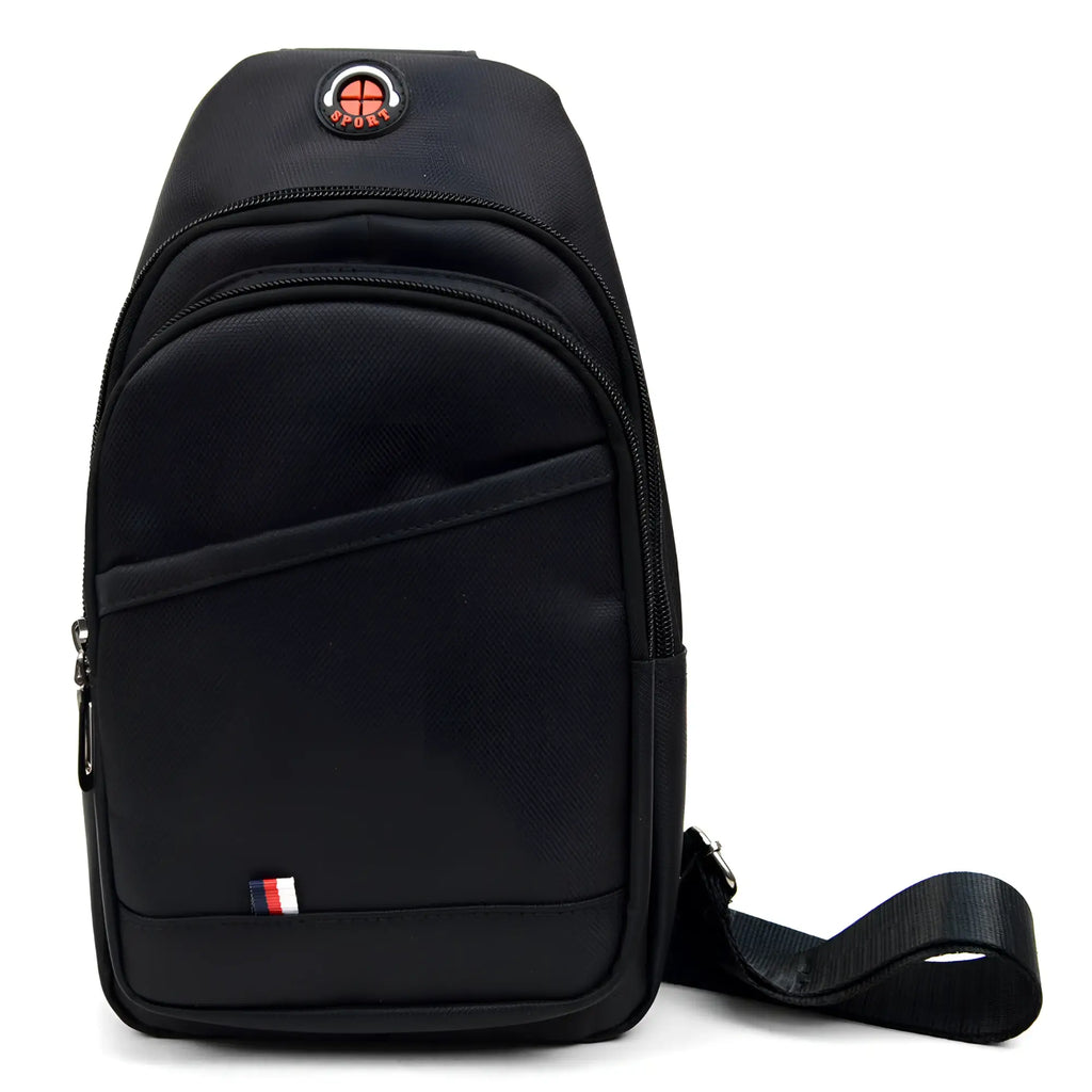 Black nylon crossbody sling bag with red and white circular logo and small flag emblem on front