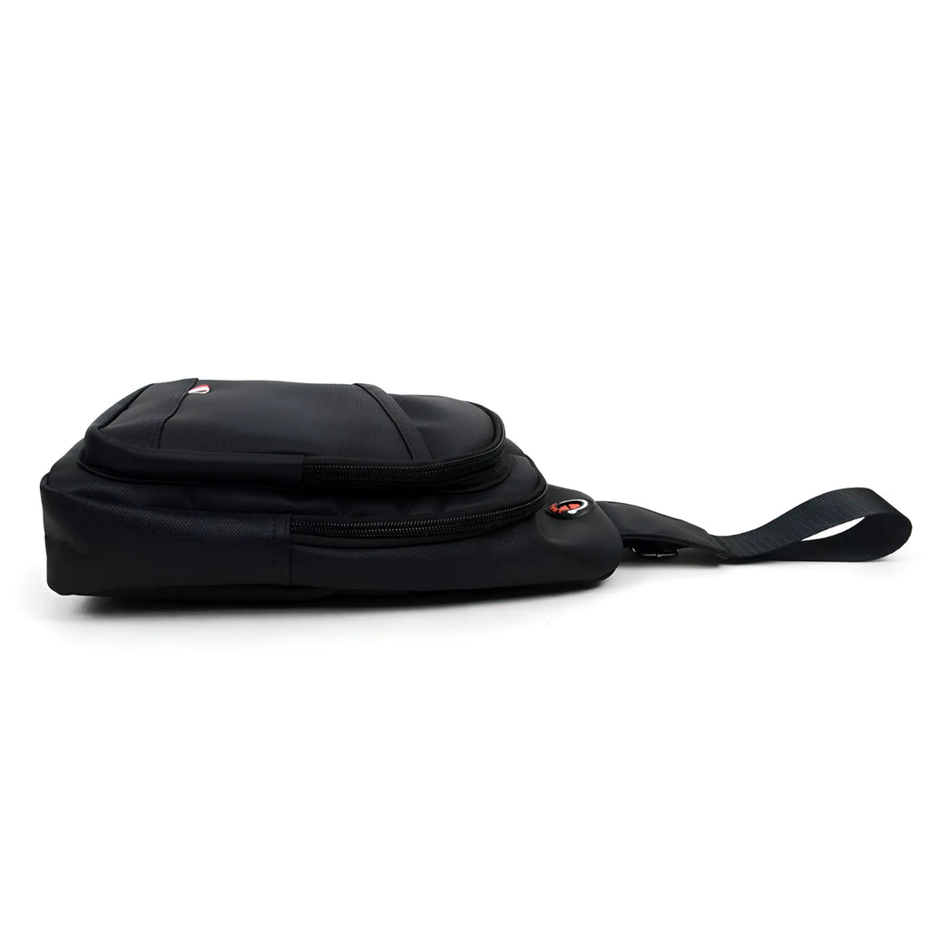 Black nylon crossbody sling bag with sleek minimalist design and subtle red logo accents for everyday use