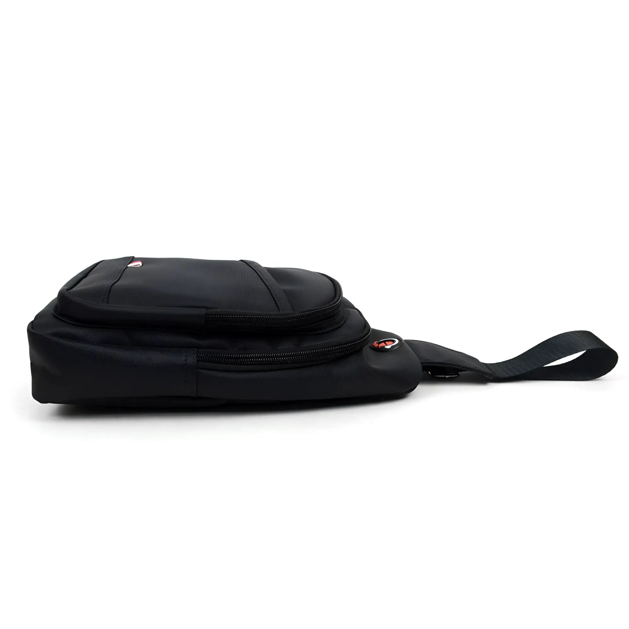 Black nylon crossbody sling bag with sleek minimalist design and subtle red logo accents for everyday use