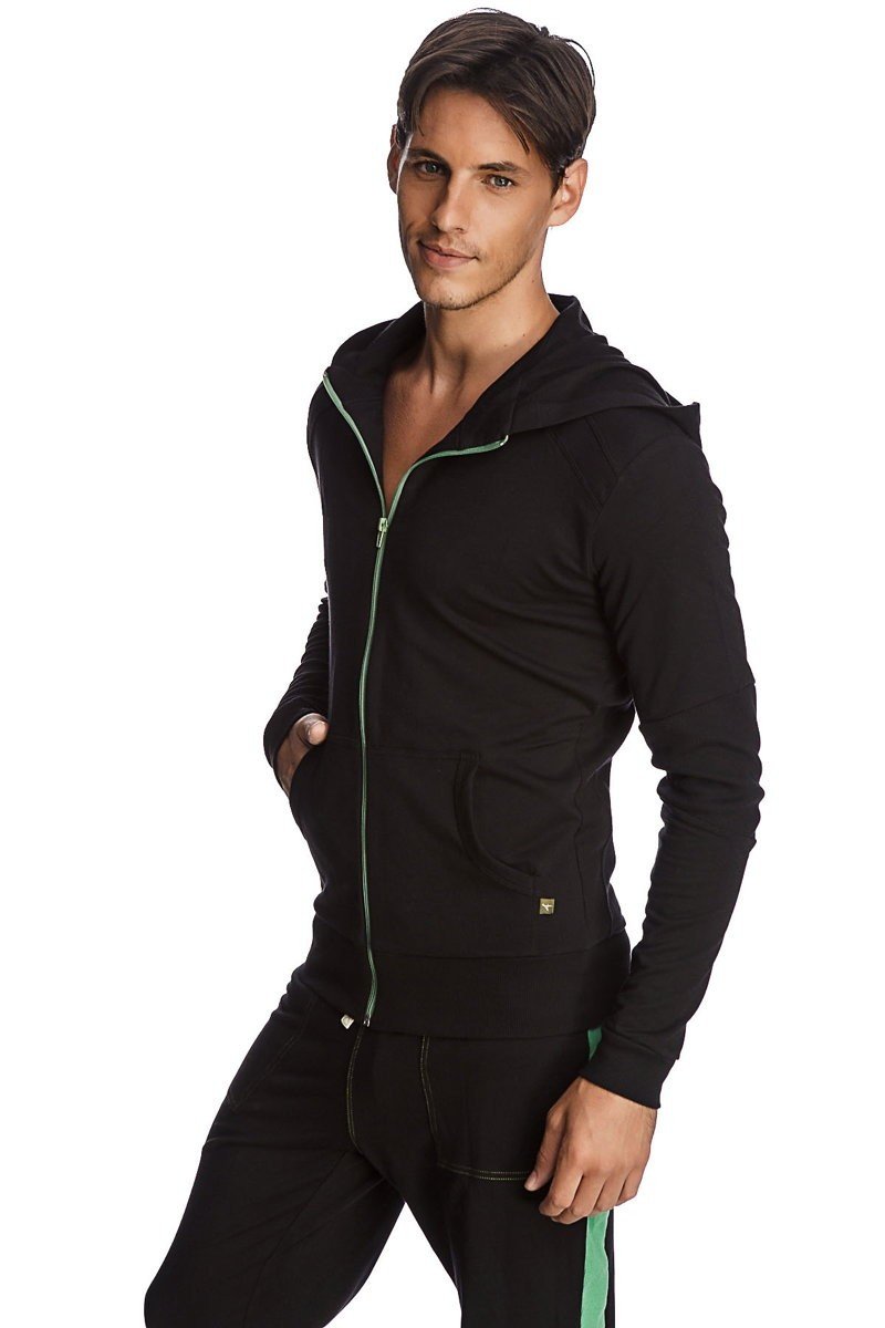 Figurbetonter Crossover Yoga Track Performance Hoodie (Schwarz mit grünem Reißverschluss)
