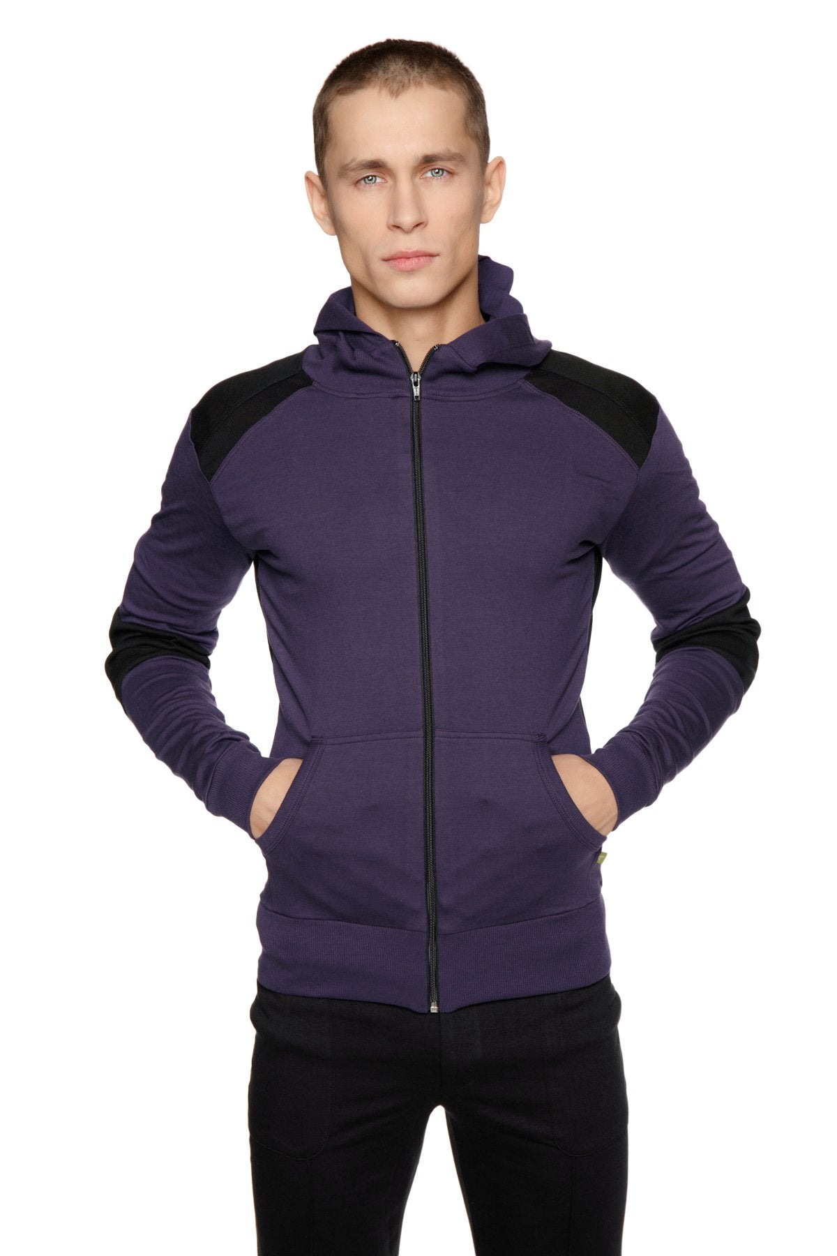 Figurbetonter Crossover Yoga Track Performance Hoodie (Aubergine & Schwarz)
