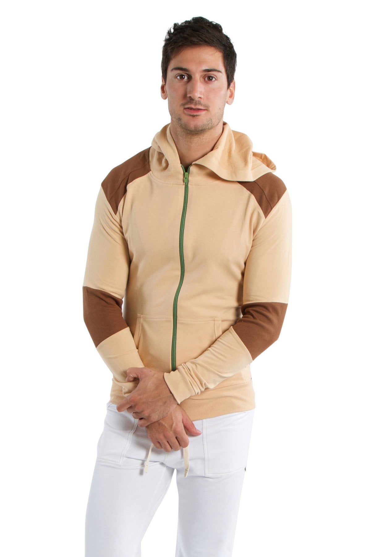 Formgeschnittener Crossover-Yoga-Track-Performance-Hoodie (Sand mit Schokolade)