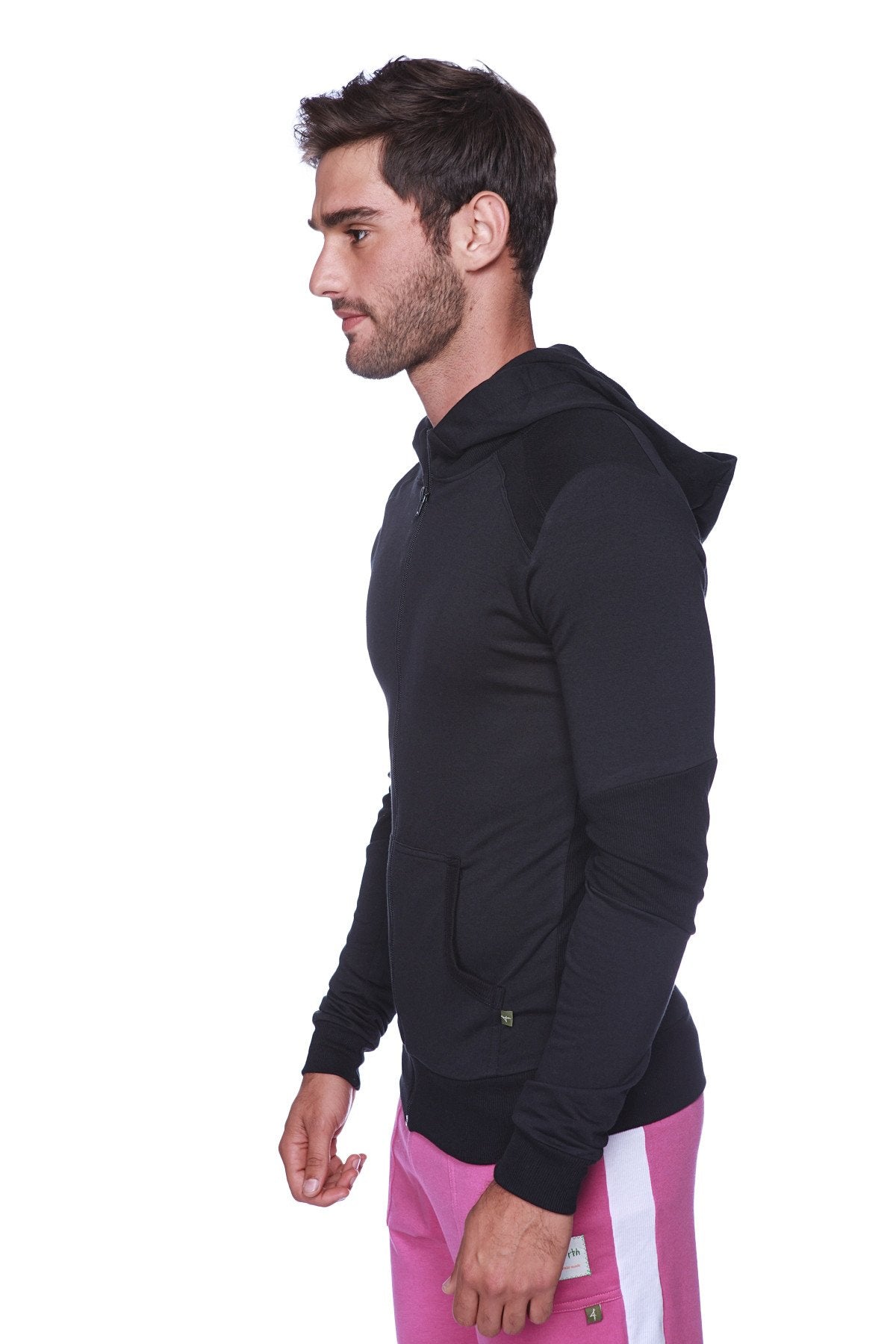 Figurbetonter Crossover Yoga Track Performance Hoodie (Einfarbig Schwarz mit schwarzem Reißverschluss)