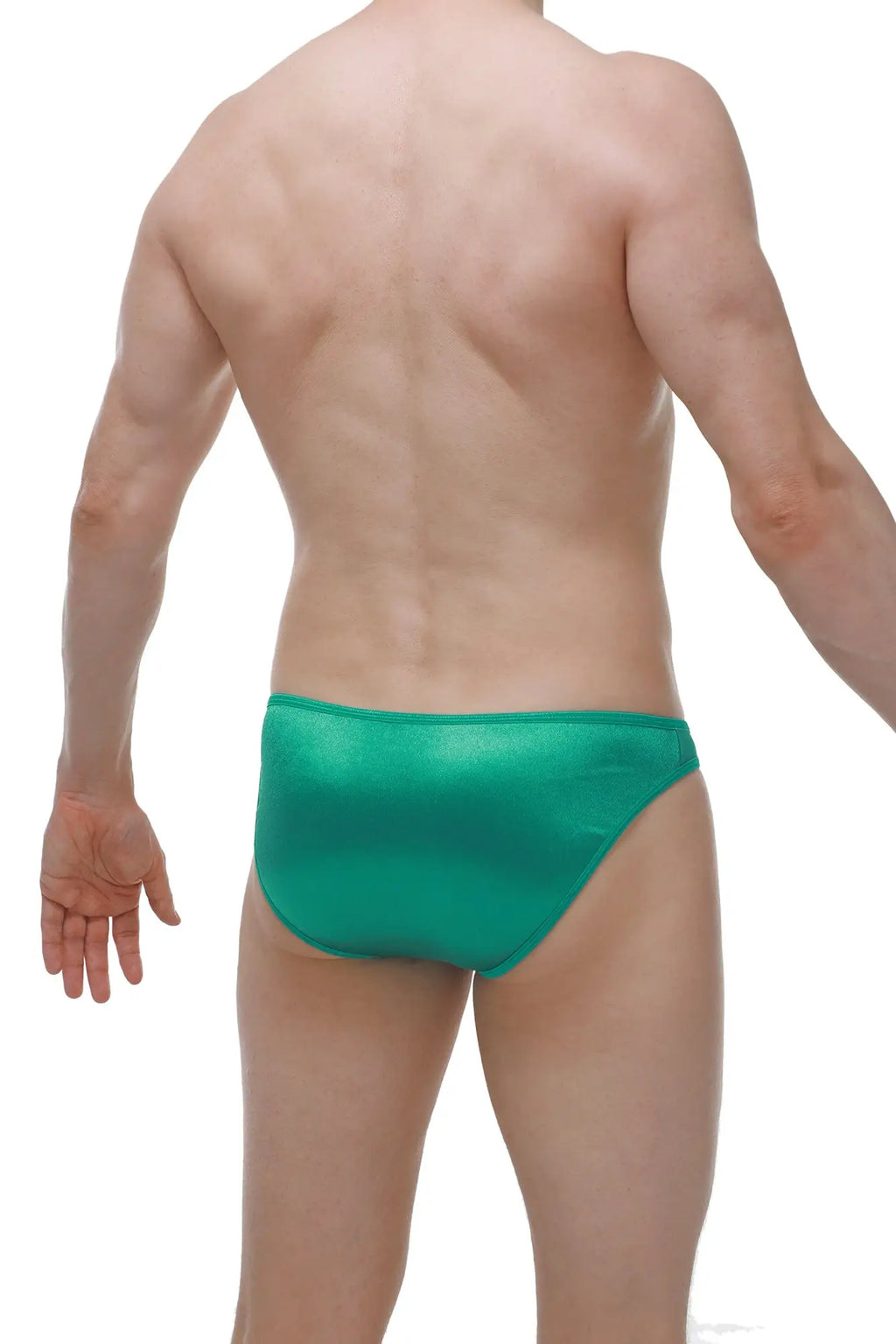 A sleek emerald green crotchless bikini brief made of glossy satin with a smooth finish