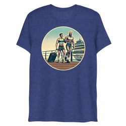 Blue heathered t-shirt featuring a circular graphic of two muscular men with luggage on a dock in front of a cruise ship