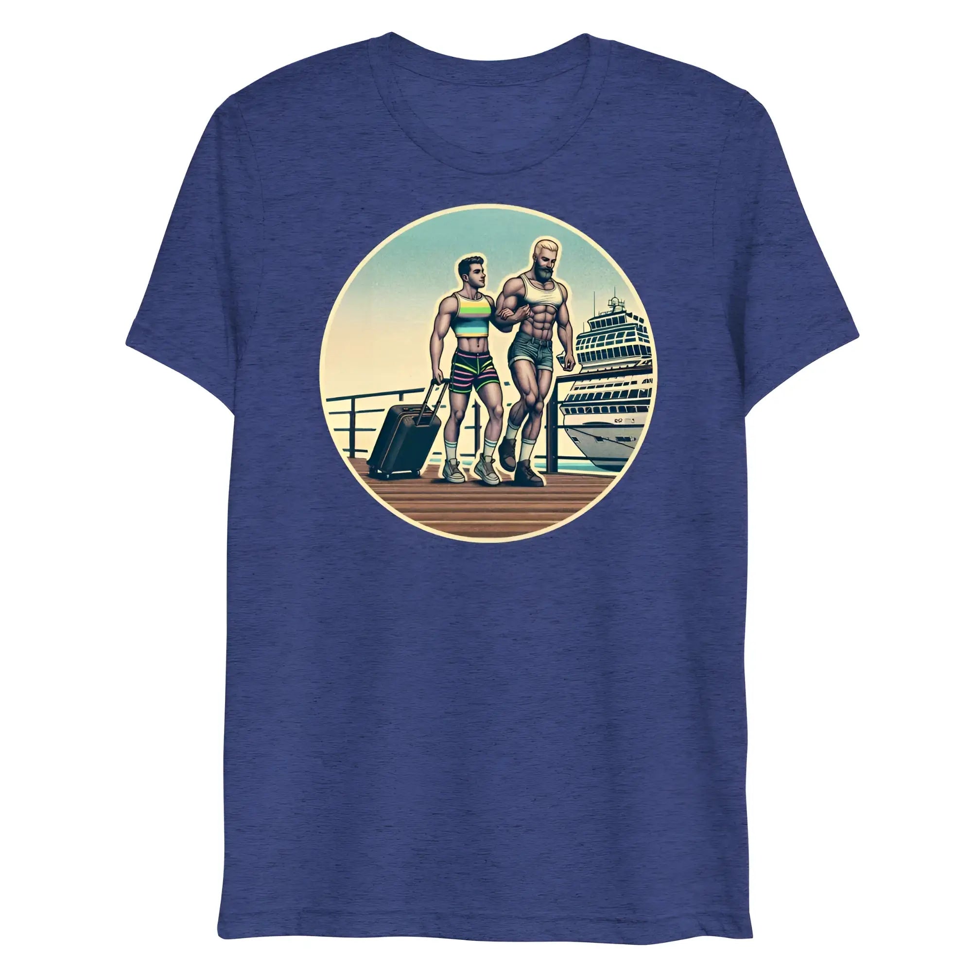Blue heathered t-shirt featuring a circular graphic of two muscular men with luggage on a dock in front of a cruise ship