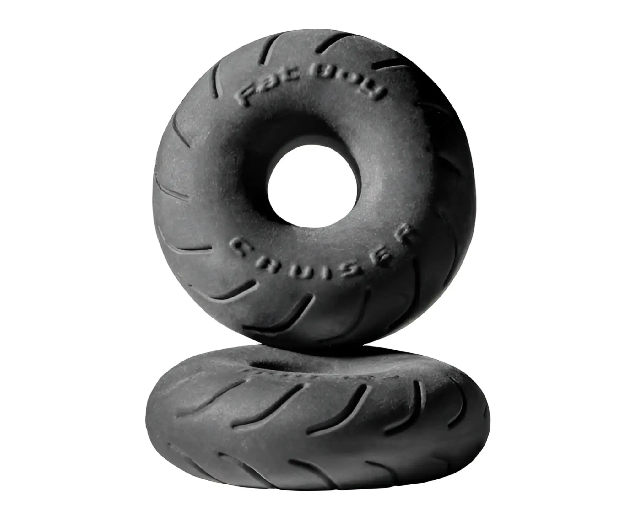 Black rubber tire shaped cruiser product with fat boy cruiser embossed on its surface