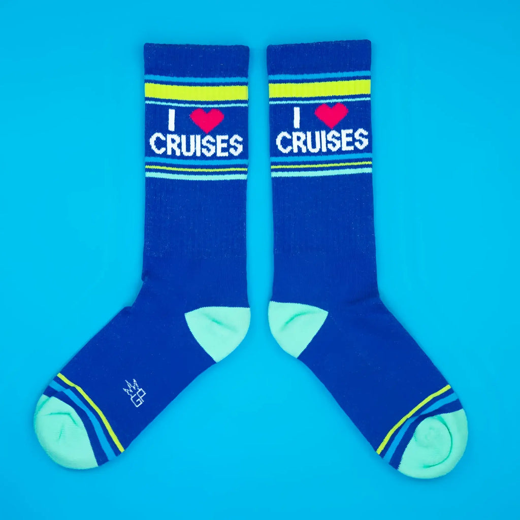 Blue crew socks with i heart cruises printed in white and red, featuring yellow and light blue stripes for cruise lovers