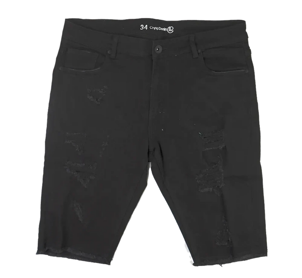 Black distressed denim cut off shorts with a 34 waistband and Crysp Denim branding on the back side