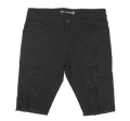 Black distressed denim cut off shorts with a 34 waistband and Crysp Denim branding on the back side